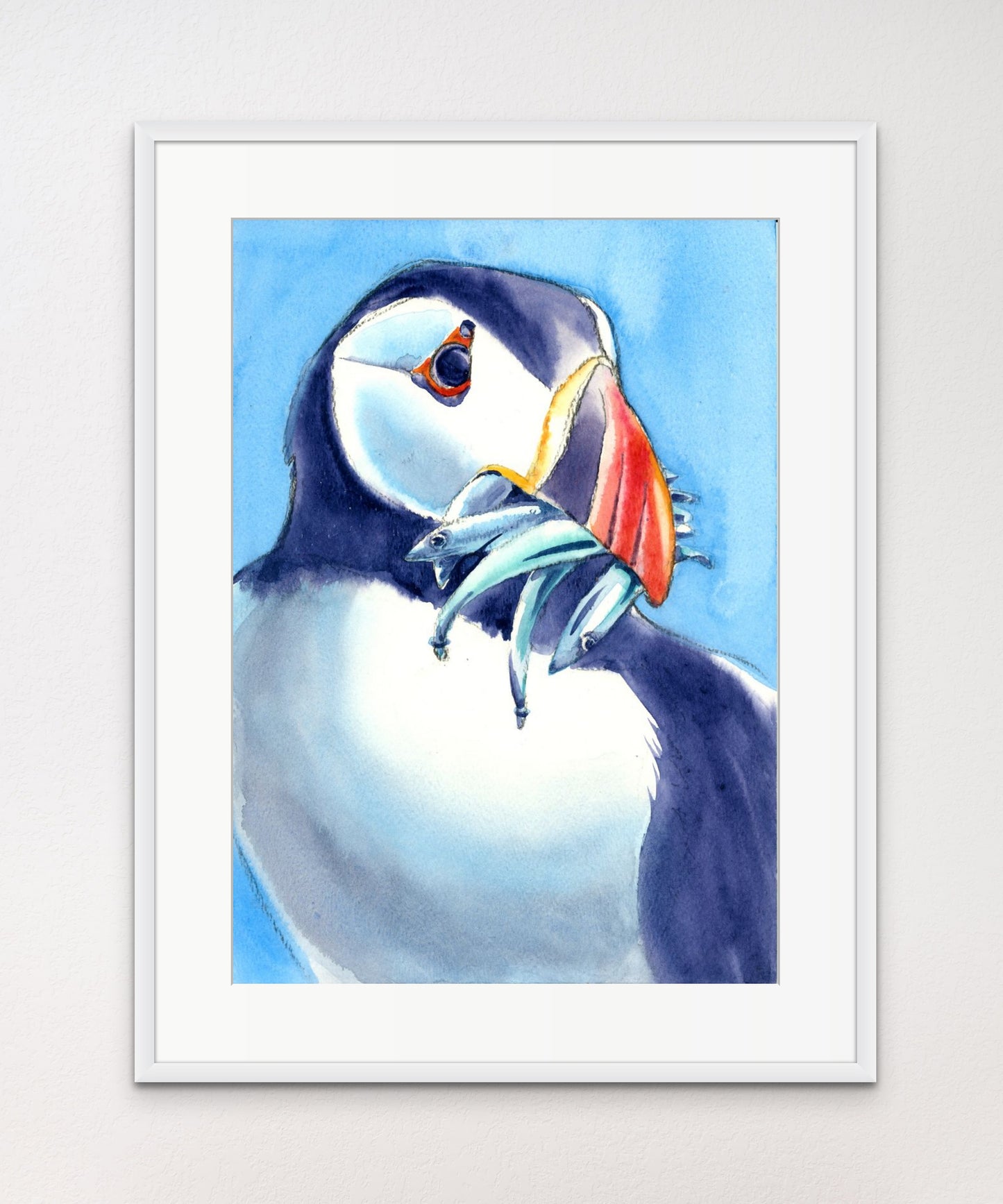 Puffin With Fish - Giclée Watercolour Print